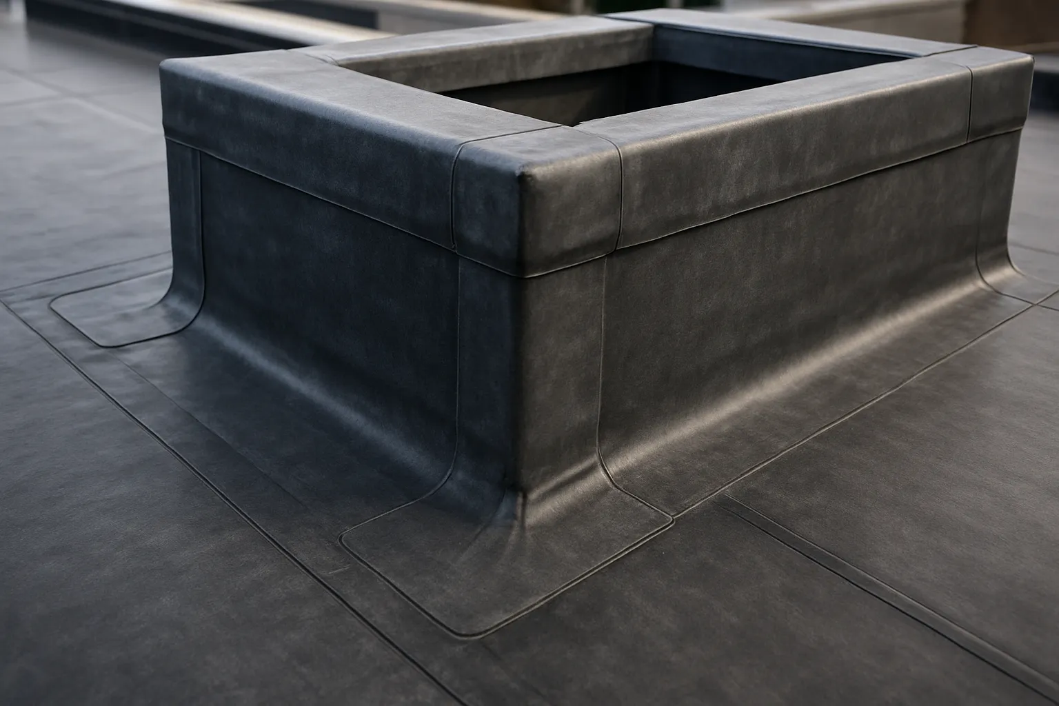 a close-up of EPDM rubber membrane and flashing details around a rooftop curb on a commercial building — commercial roofing