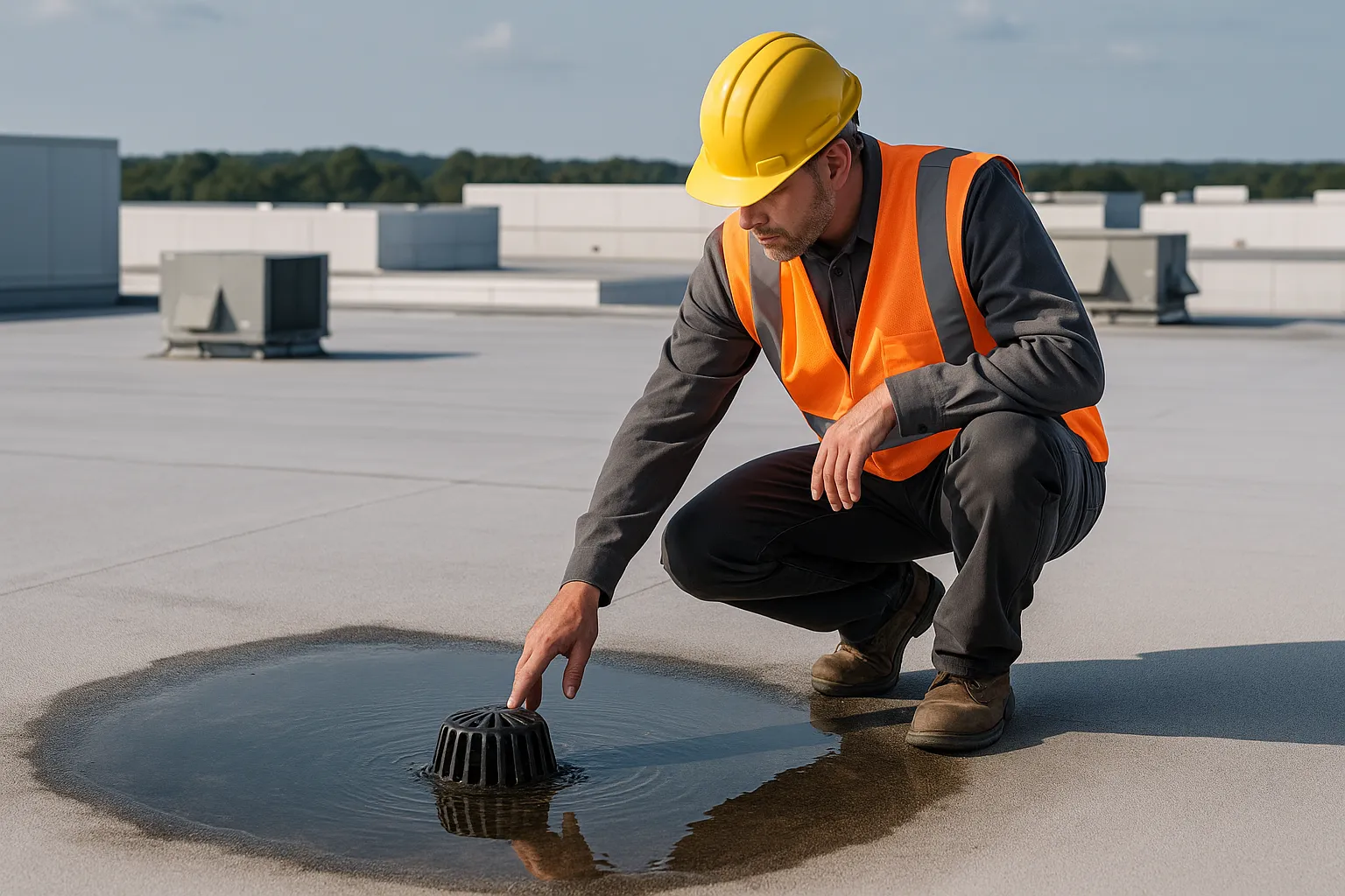 a commercial roofing technician inspecting a roof drain and ponding water on a flat warehouse roof — commercial roofing