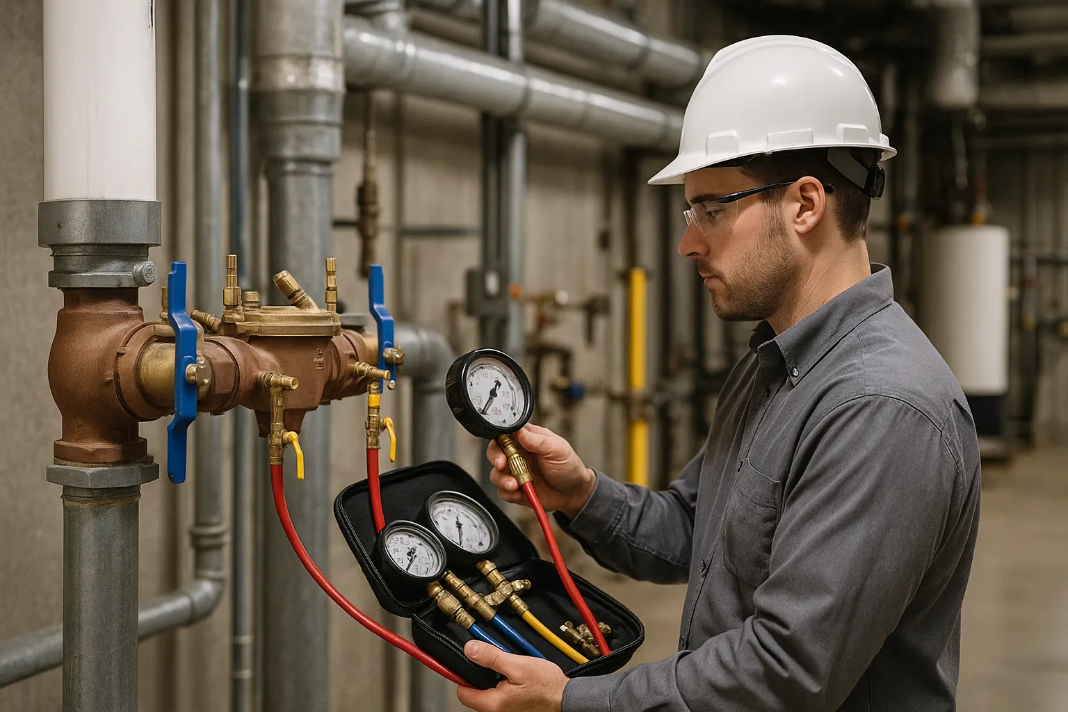 a technician testing a commercial backflow assembly with a pressure gauge kit — commercial plumbing