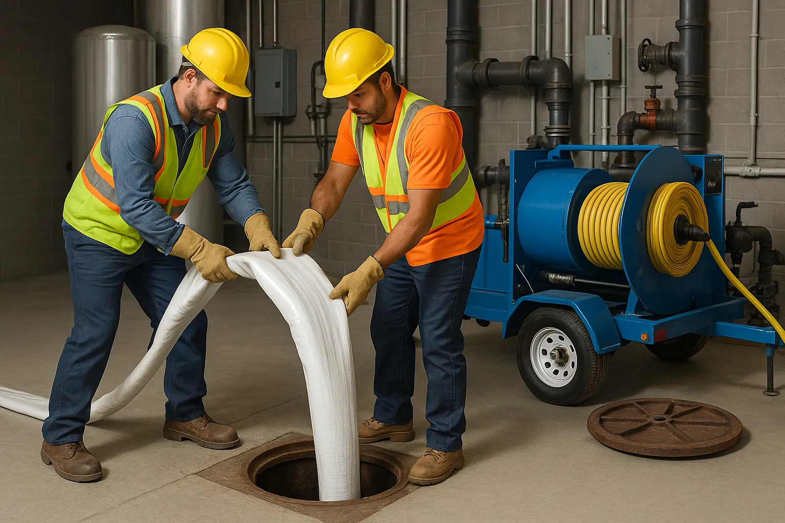 a trenchless pipe-relining crew feeding a cured-in-place liner into a commercial sewer access pit — commercial plumbing