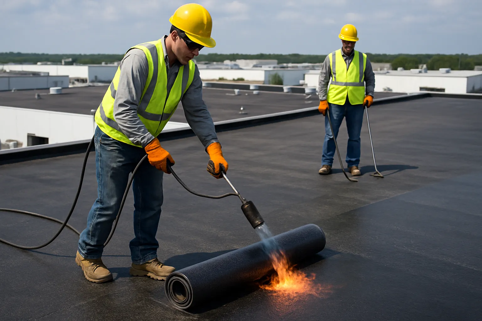 workers rolling out modified bitumen roofing with a torch on a large low-slope commercial roof — commercial roofing