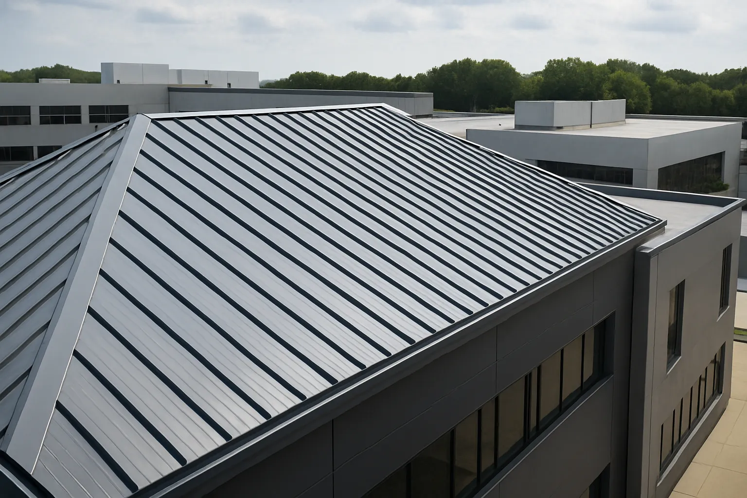 a standing-seam metal roof on a modern commercial building, daytime — commercial roofing