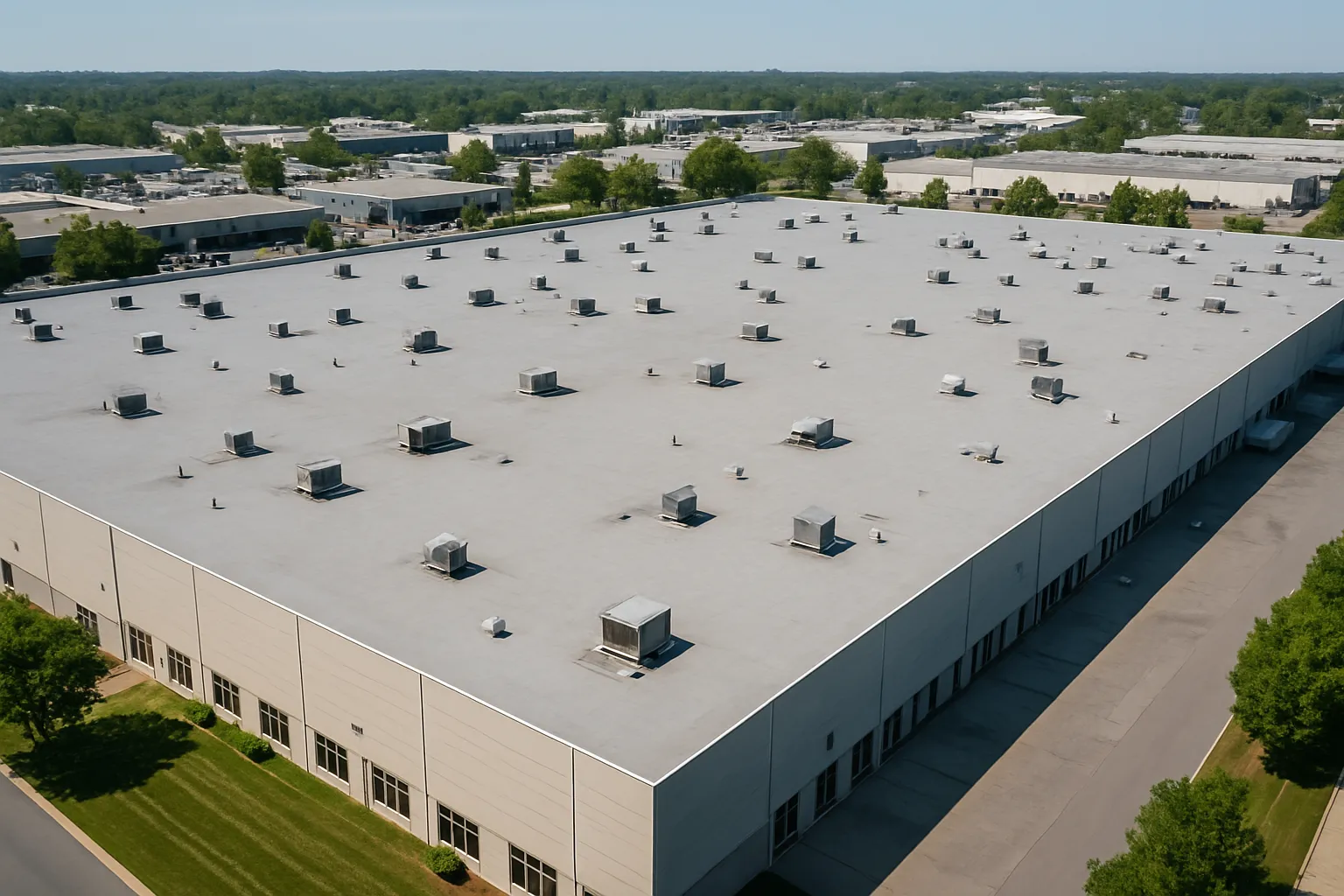 a wide aerial view of an industrial warehouse with an expansive gray flat roof and rooftop HVAC curbs — commercial roofing