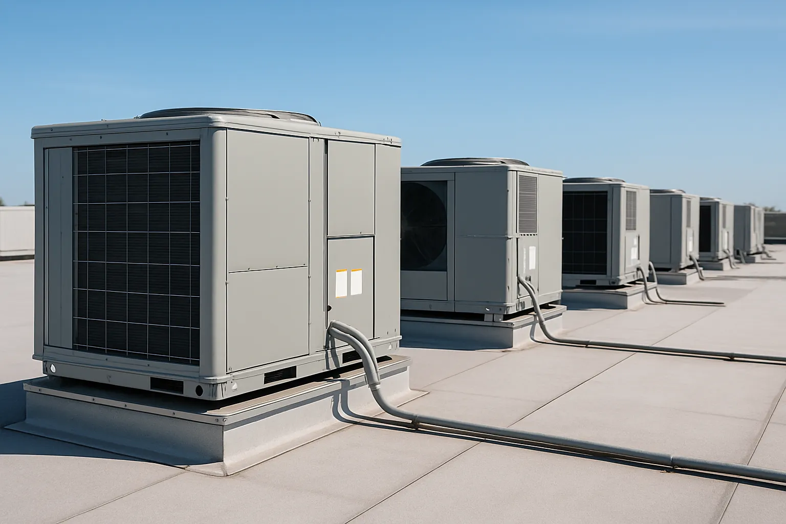 a row of rooftop packaged HVAC units (RTUs) on a flat commercial building roof under a clear sky — commercial HVAC