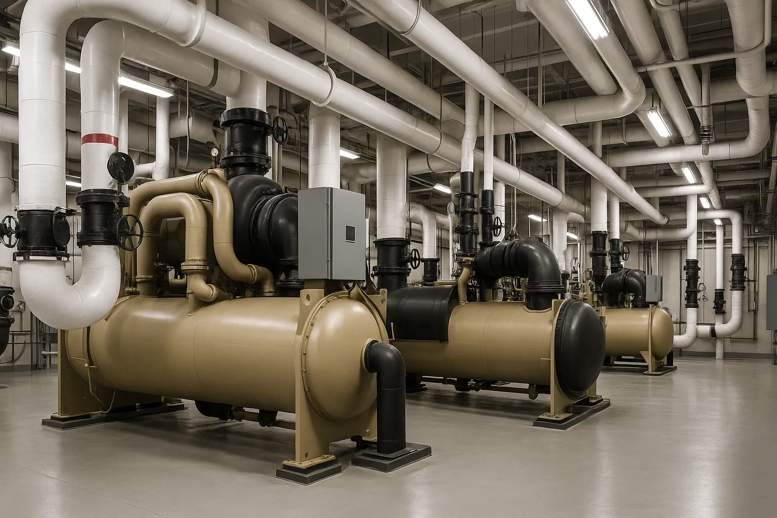 the interior of a commercial mechanical room with large water-cooled chillers and insulated piping — commercial HVAC