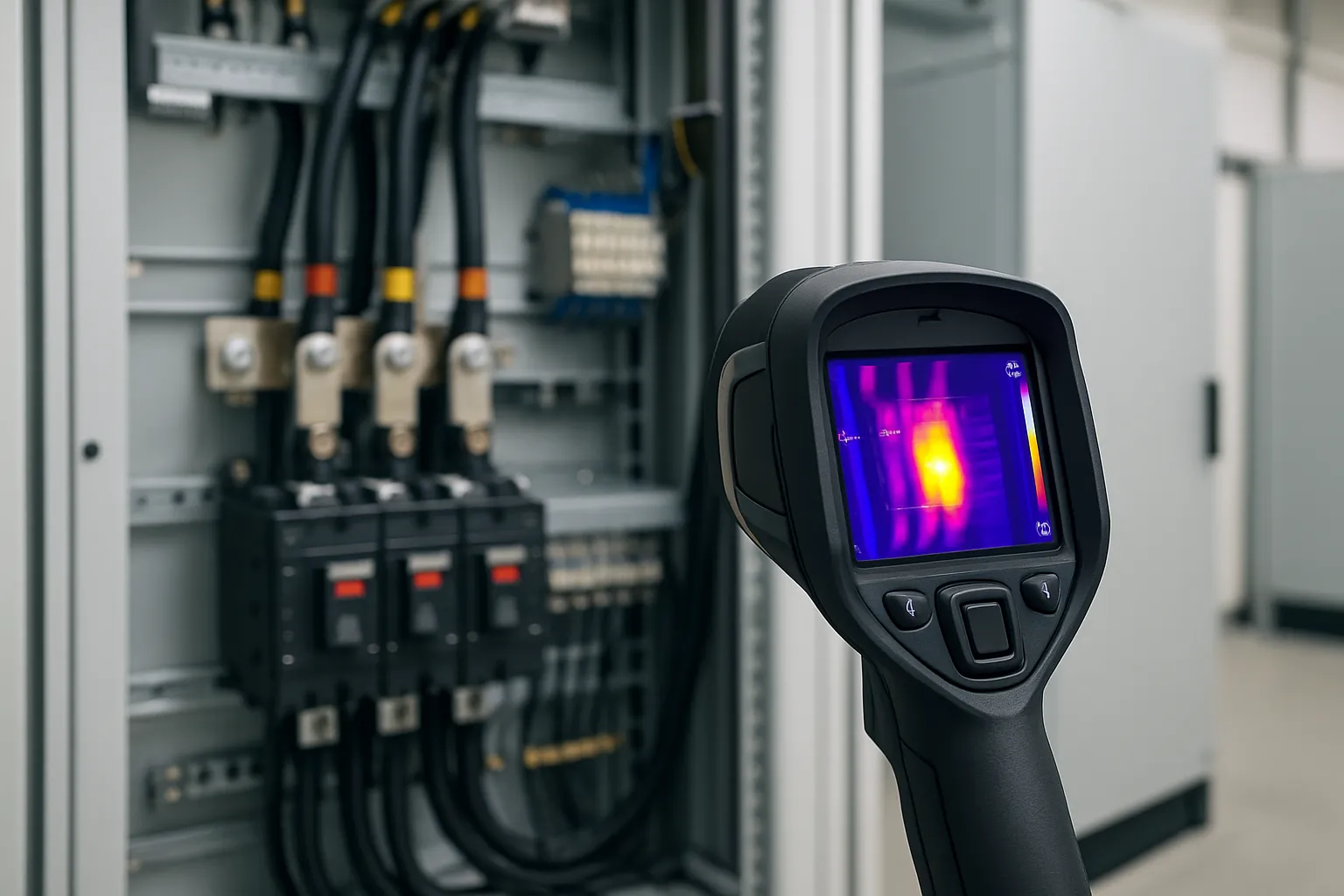 a thermal-imaging camera inspecting a commercial electrical panel for hot spots — commercial electrical