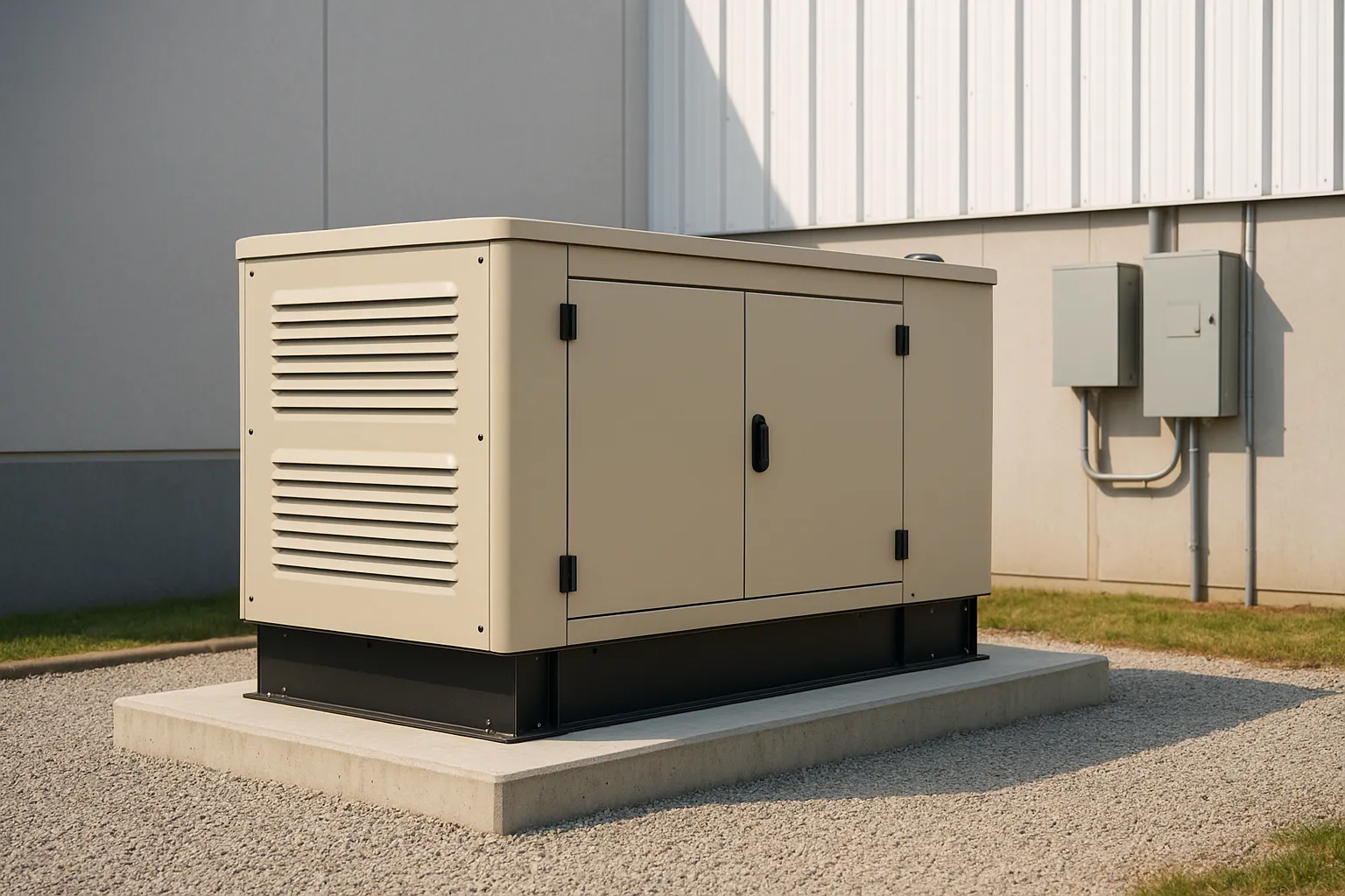 a commercial standby generator unit on a concrete pad outside a facility — commercial electrical
