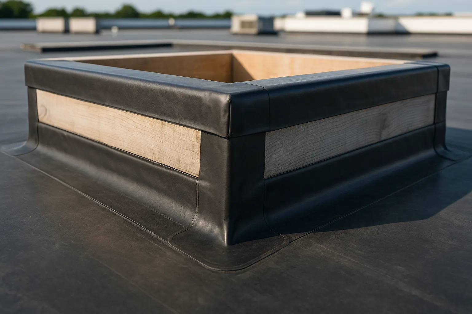 a close-up of EPDM rubber membrane and flashing details around a rooftop curb on a commercial building — commercial roofing