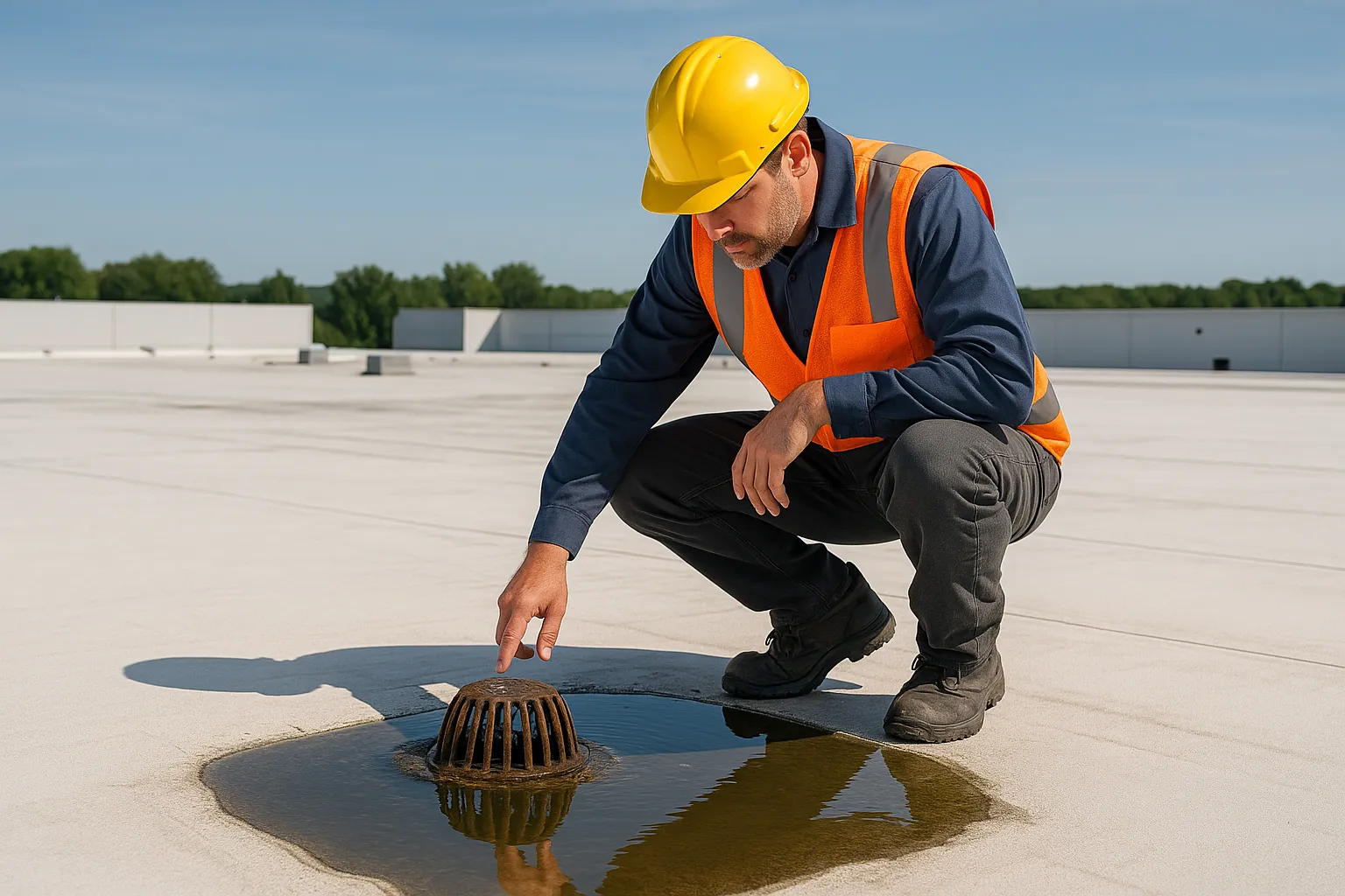 a commercial roofing technician inspecting a roof drain and ponding water on a flat warehouse roof — commercial roofing