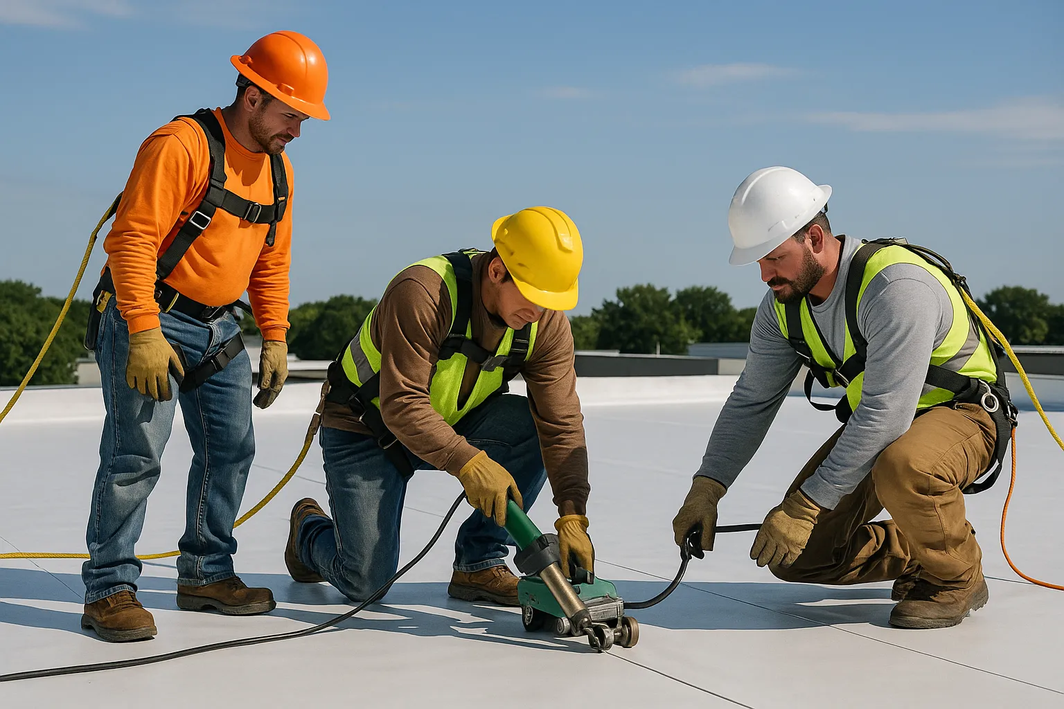 a roofing crew in safety harnesses heat-welding TPO membrane seams on a low-slope commercial roof — commercial roofing