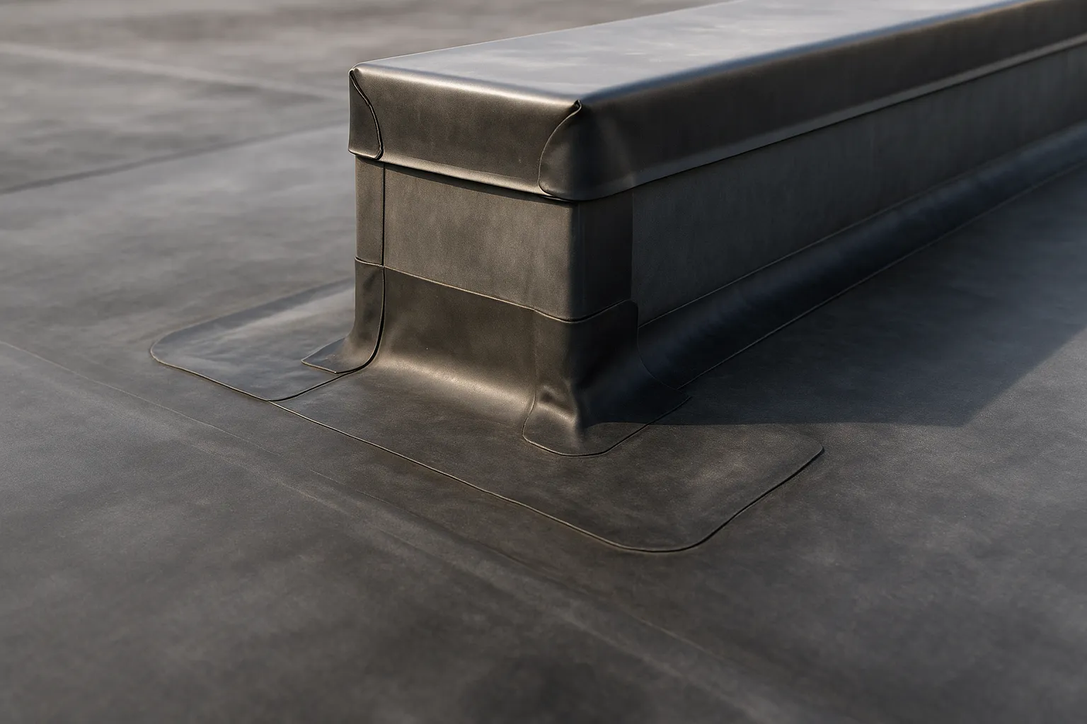 a close-up of EPDM rubber membrane and flashing details around a rooftop curb on a commercial building — commercial roofing