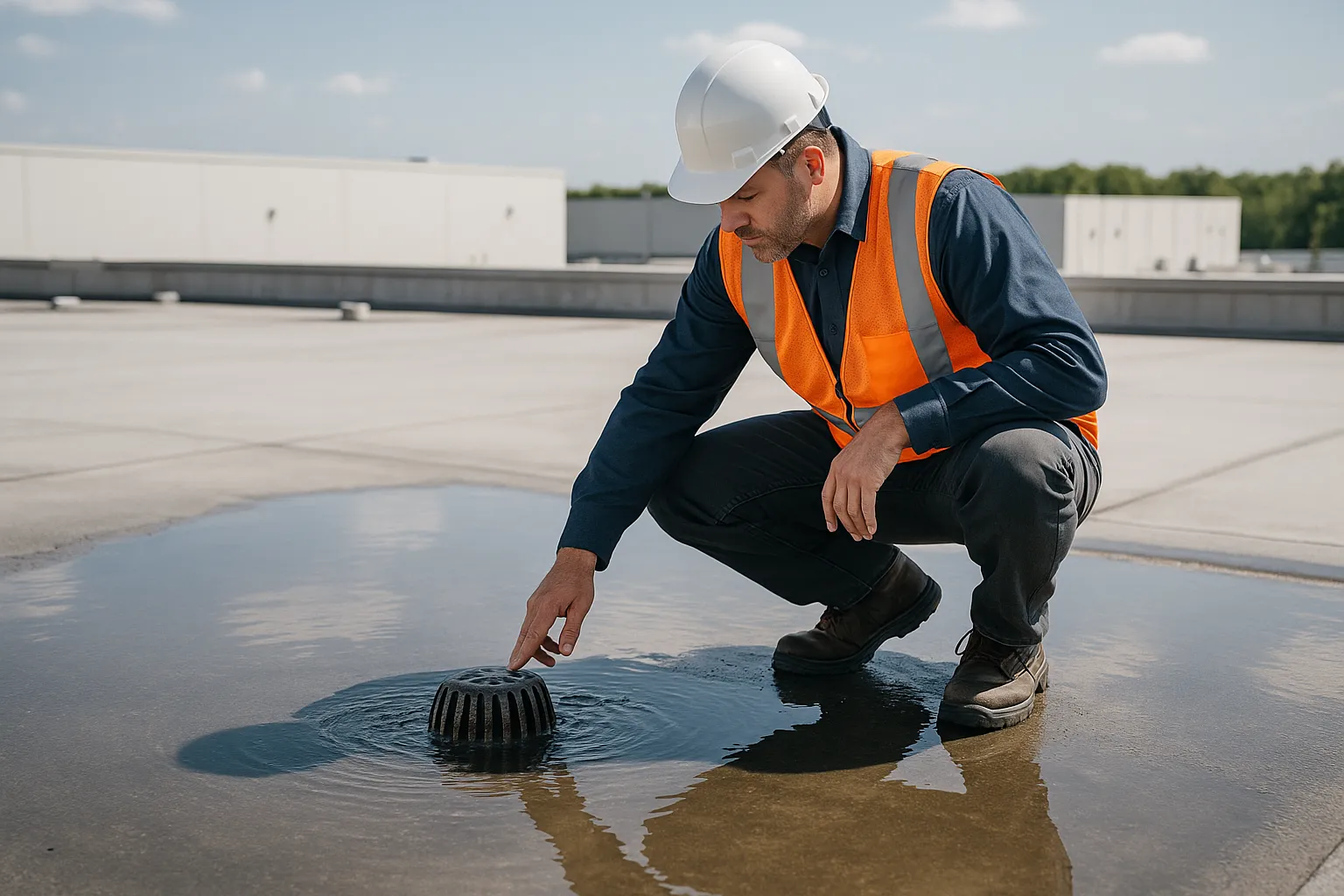 a commercial roofing technician inspecting a roof drain and ponding water on a flat warehouse roof — commercial roofing
