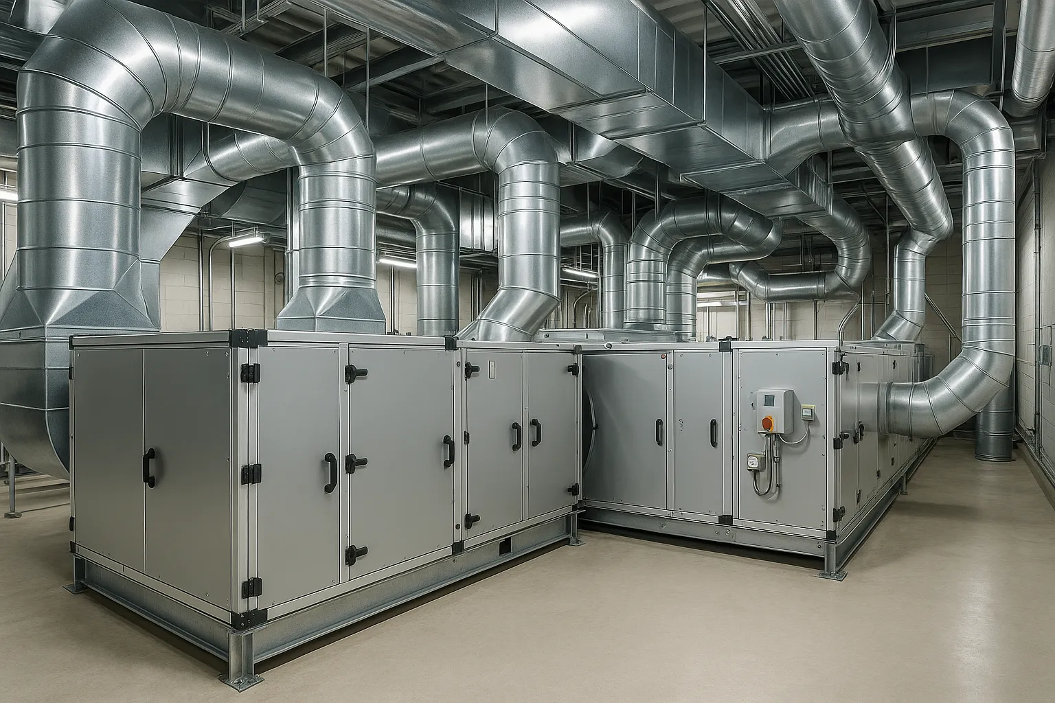 large commercial air handling units and sheet-metal ductwork in a mechanical penthouse — commercial HVAC