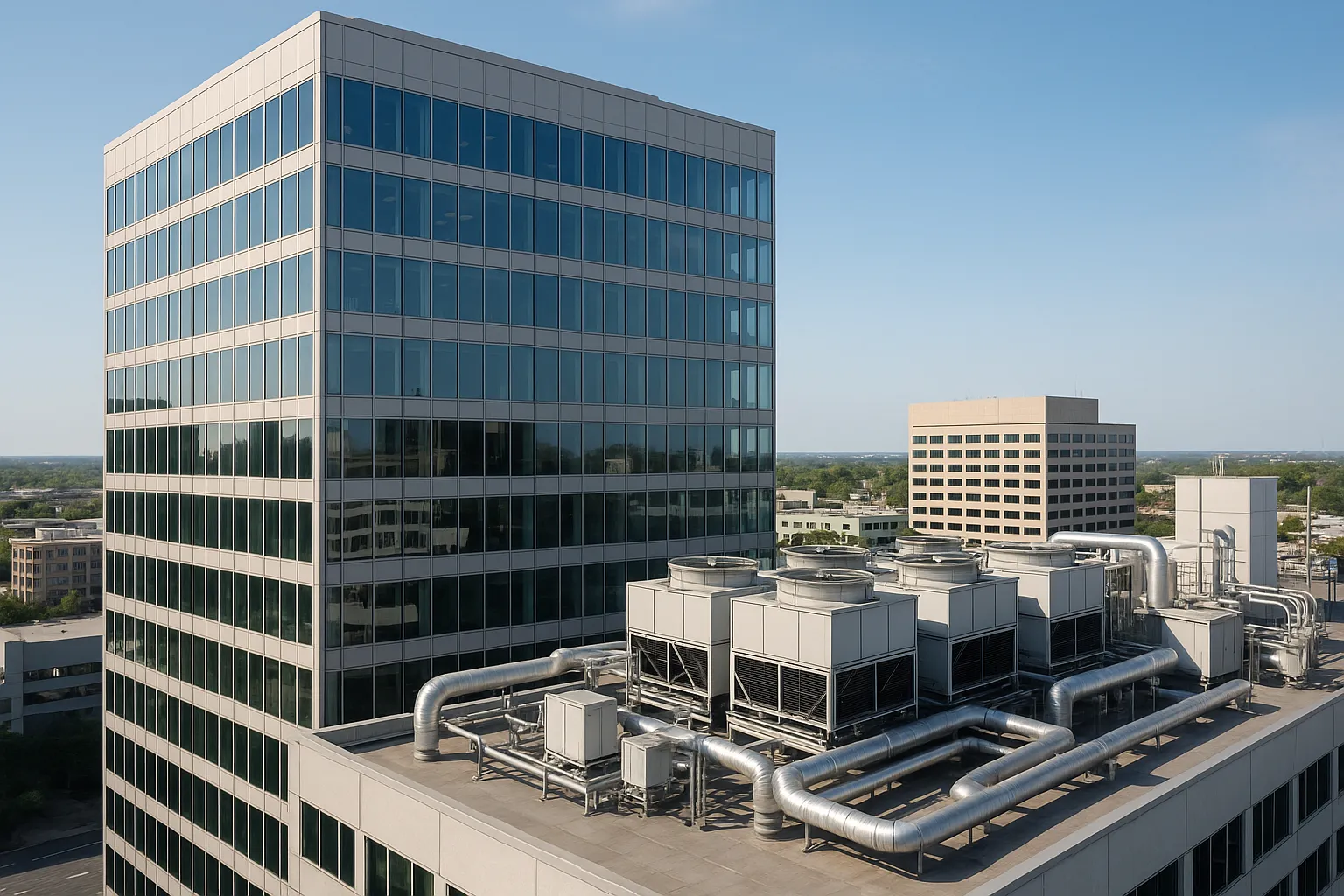 a commercial office tower exterior with visible rooftop HVAC equipment, daytime — commercial HVAC