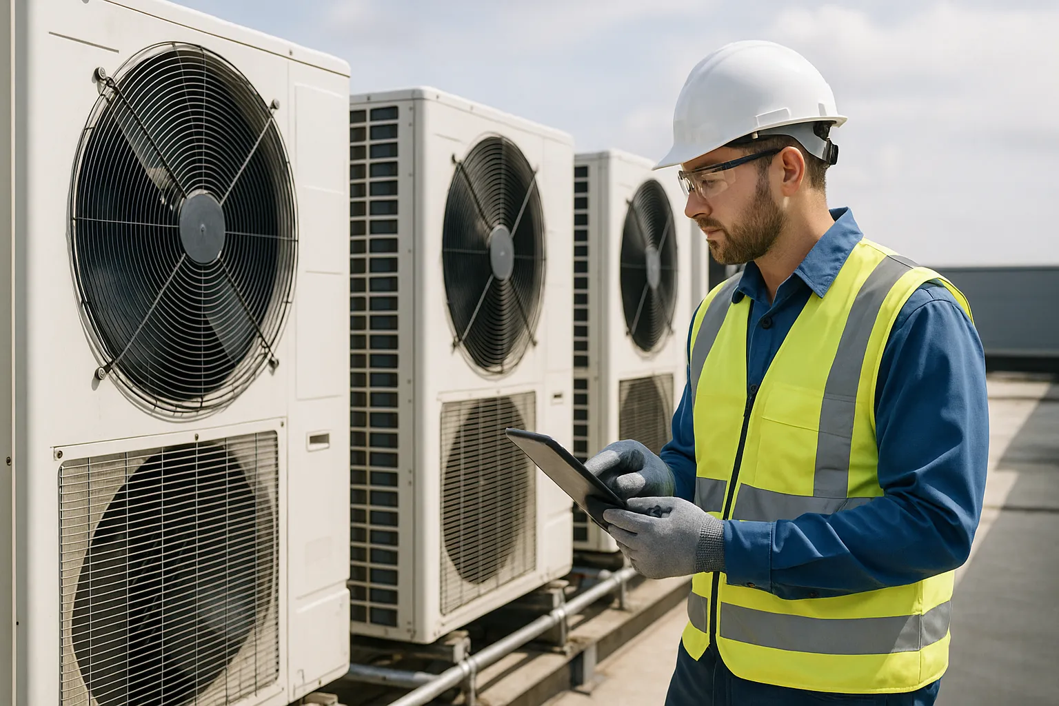 a commercial HVAC service technician in PPE inspecting rooftop condenser units — commercial HVAC