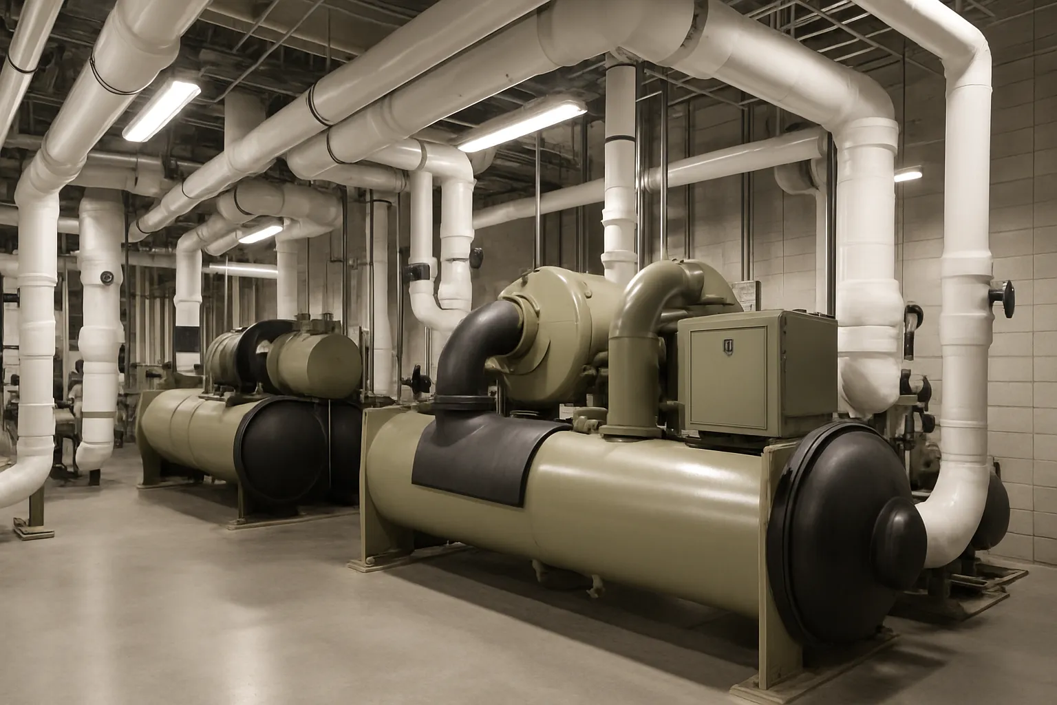 the interior of a commercial mechanical room with large water-cooled chillers and insulated piping — commercial HVAC