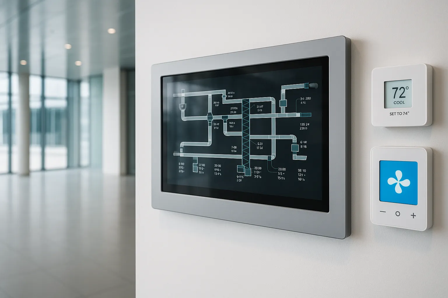 a building automation system control panel and smart HVAC controls in a modern commercial building — commercial HVAC