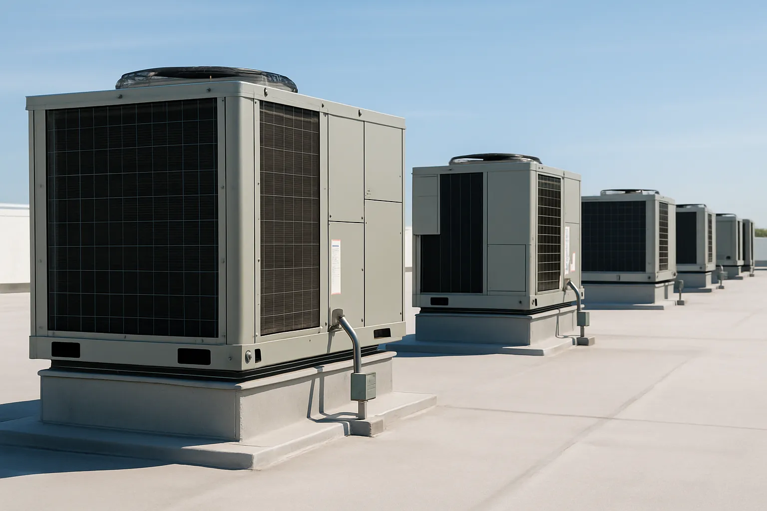 a row of rooftop packaged HVAC units (RTUs) on a flat commercial building roof under a clear sky — commercial HVAC