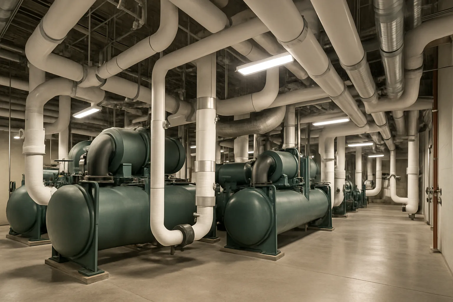 the interior of a commercial mechanical room with large water-cooled chillers and insulated piping — commercial HVAC