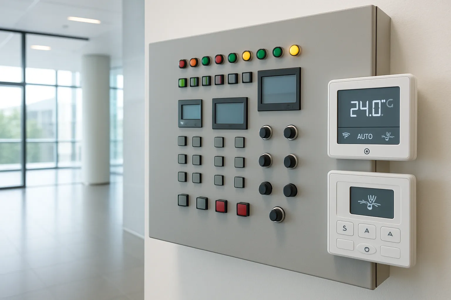 a building automation system control panel and smart HVAC controls in a modern commercial building — commercial HVAC