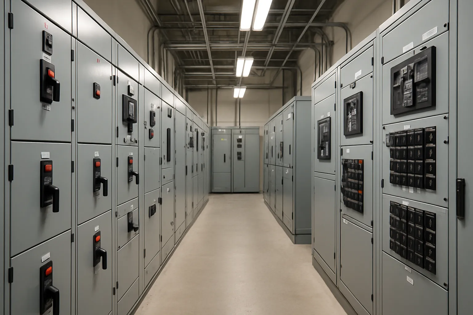 rows of electrical switchgear and distribution panels in a commercial building power room — commercial electrical