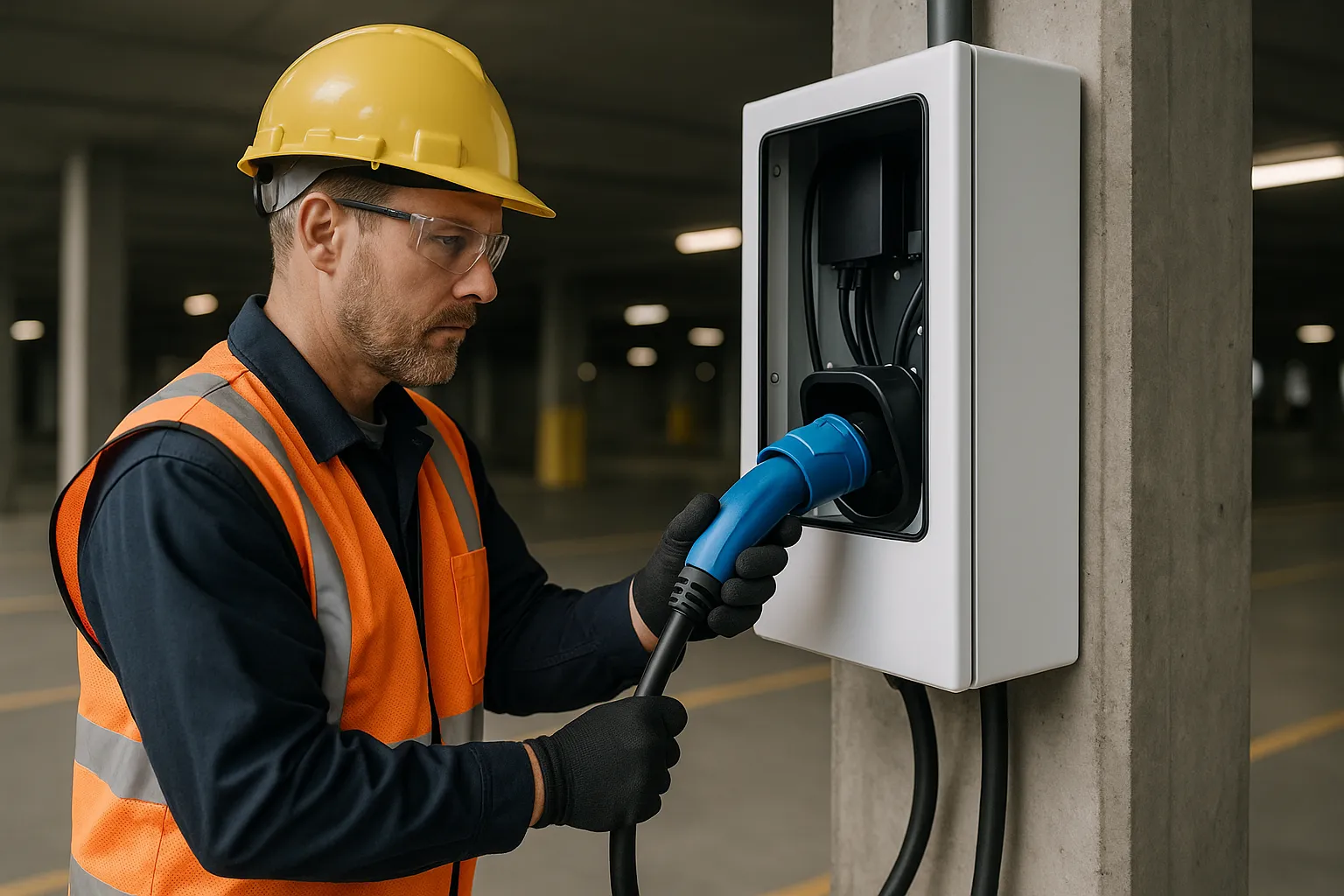 an electrician installing a commercial EV charging station in a parking structure — commercial electrical