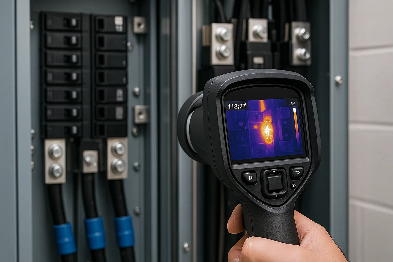 a thermal-imaging camera inspecting a commercial electrical panel for hot spots — commercial electrical