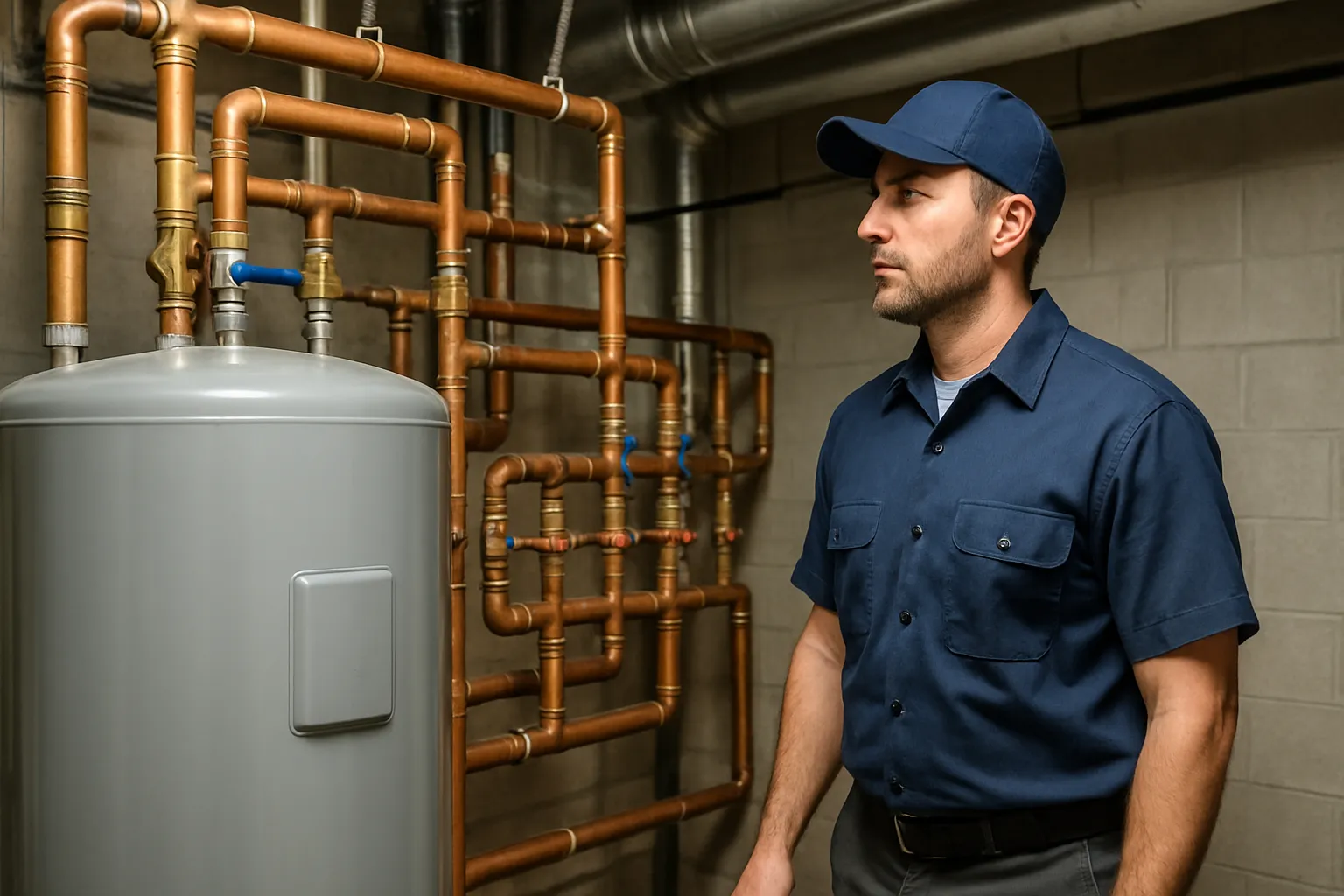 a commercial plumber in uniform inspecting a large boiler and copper supply manifold in a building mechanical room — commercial plumbing