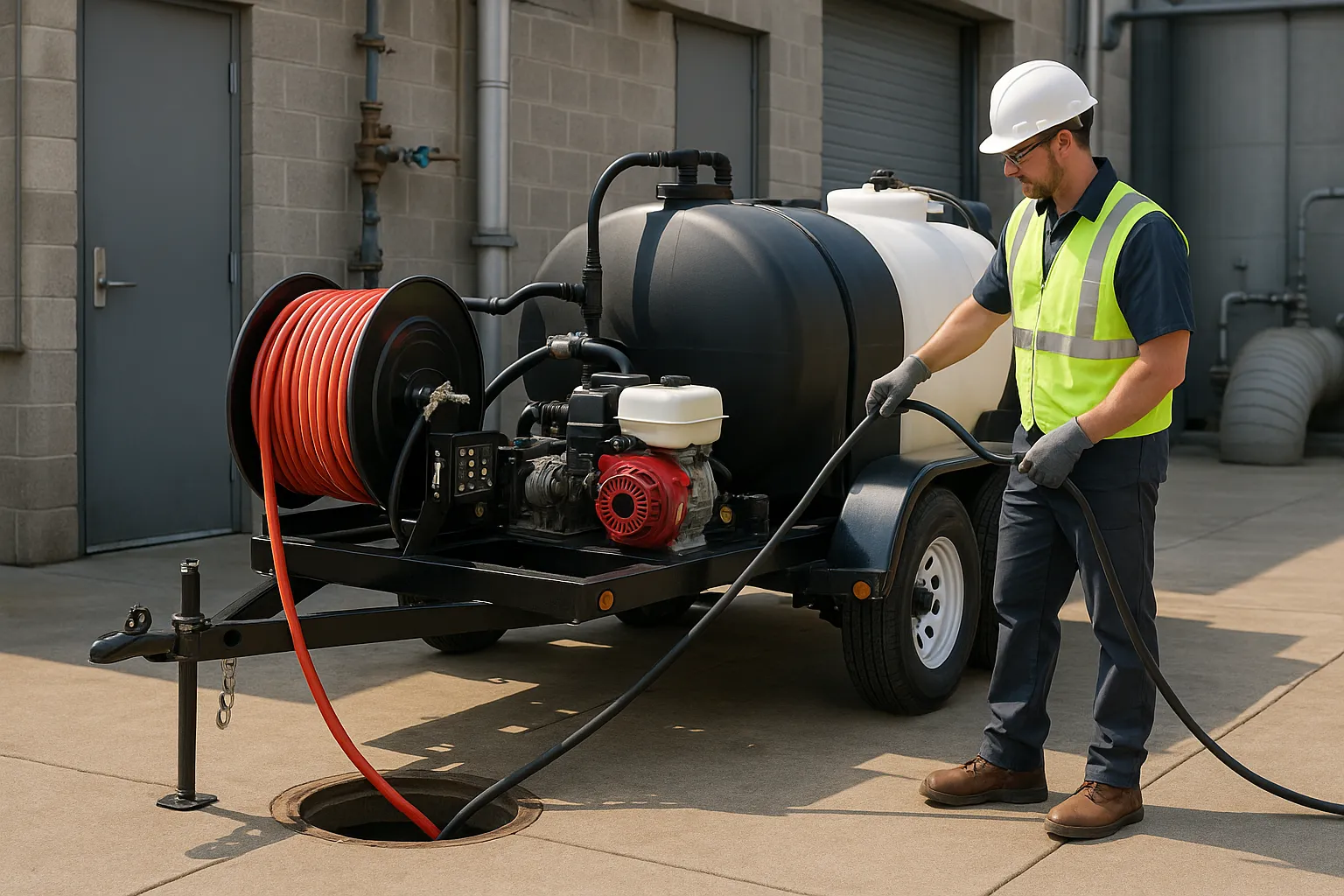 a technician operating a trailer-mounted hydro jetting machine to clean a commercial sewer line — commercial plumbing