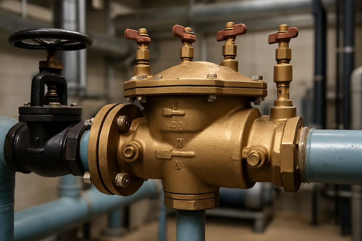 a close-up of a brass backflow prevention assembly with test cocks on a commercial water supply line — commercial plumbing