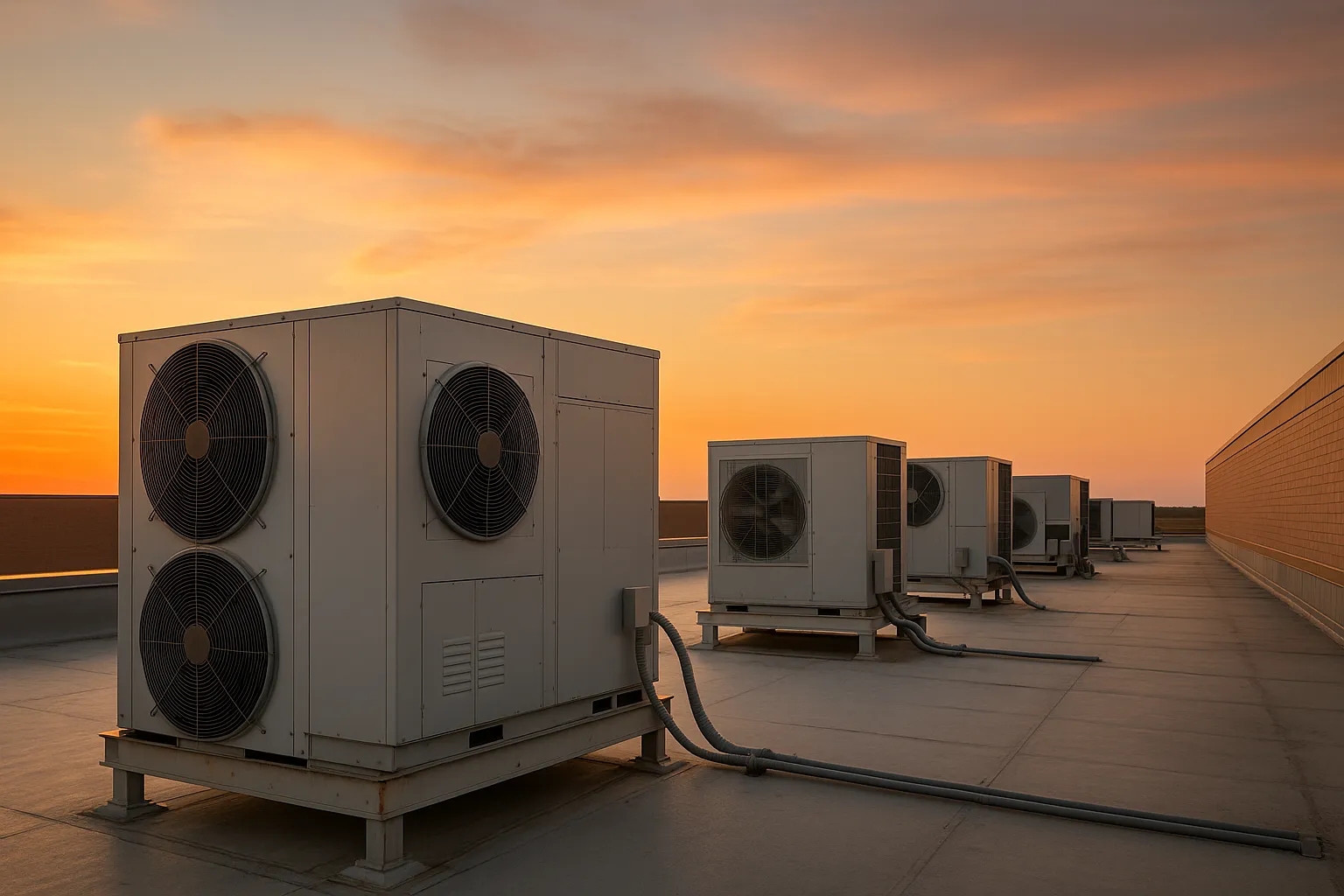 rooftop HVAC units on a big-box retail store at dusk with warm sky — commercial HVAC