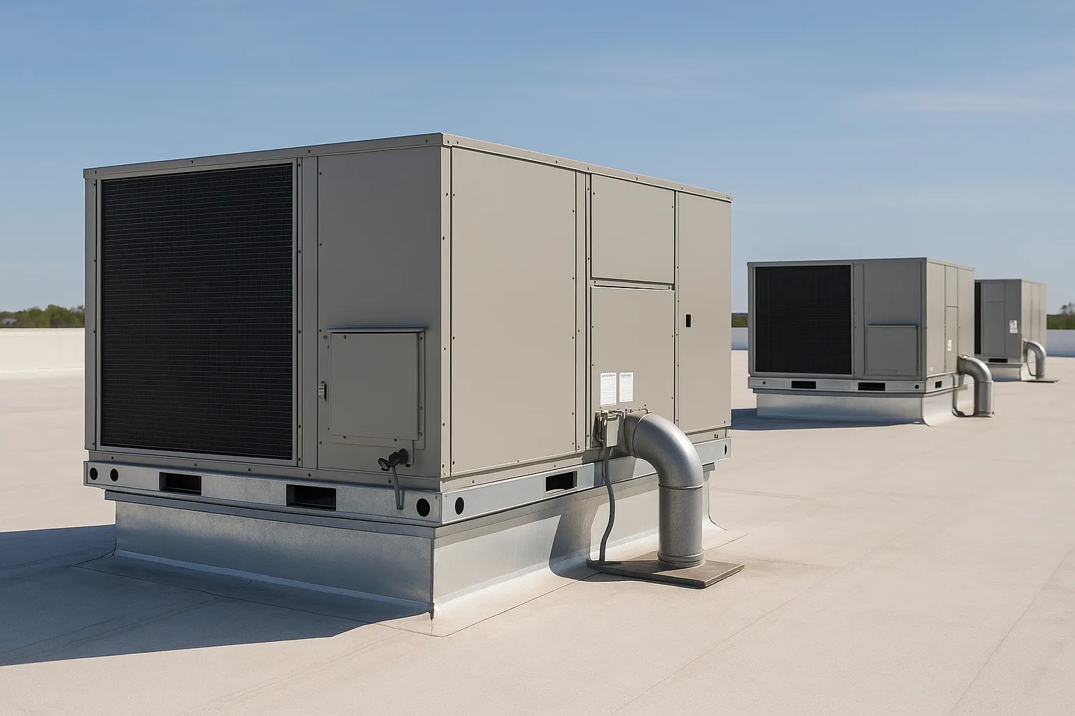 a row of rooftop packaged HVAC units (RTUs) on a flat commercial building roof under a clear sky — commercial HVAC