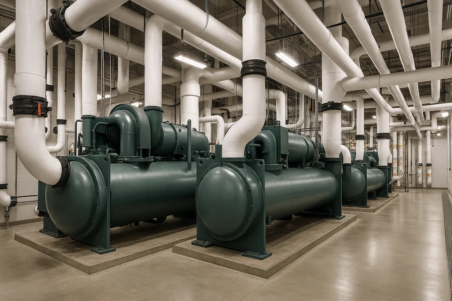 the interior of a commercial mechanical room with large water-cooled chillers and insulated piping — commercial HVAC