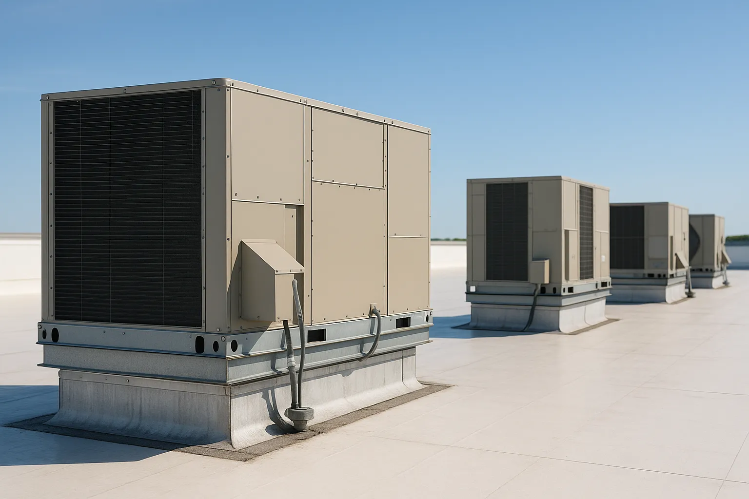 a row of rooftop packaged HVAC units (RTUs) on a flat commercial building roof under a clear sky — commercial HVAC