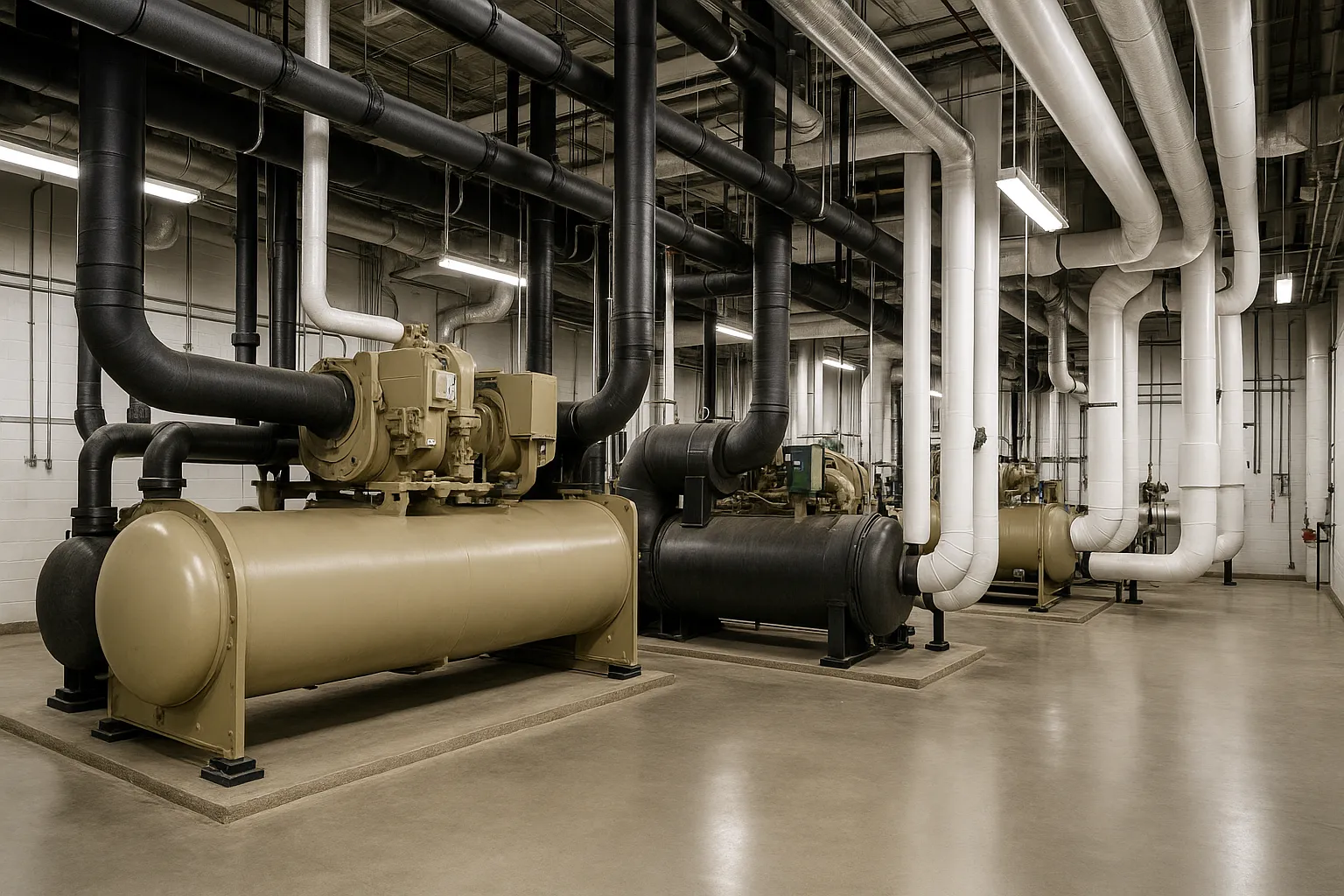 the interior of a commercial mechanical room with large water-cooled chillers and insulated piping — commercial HVAC