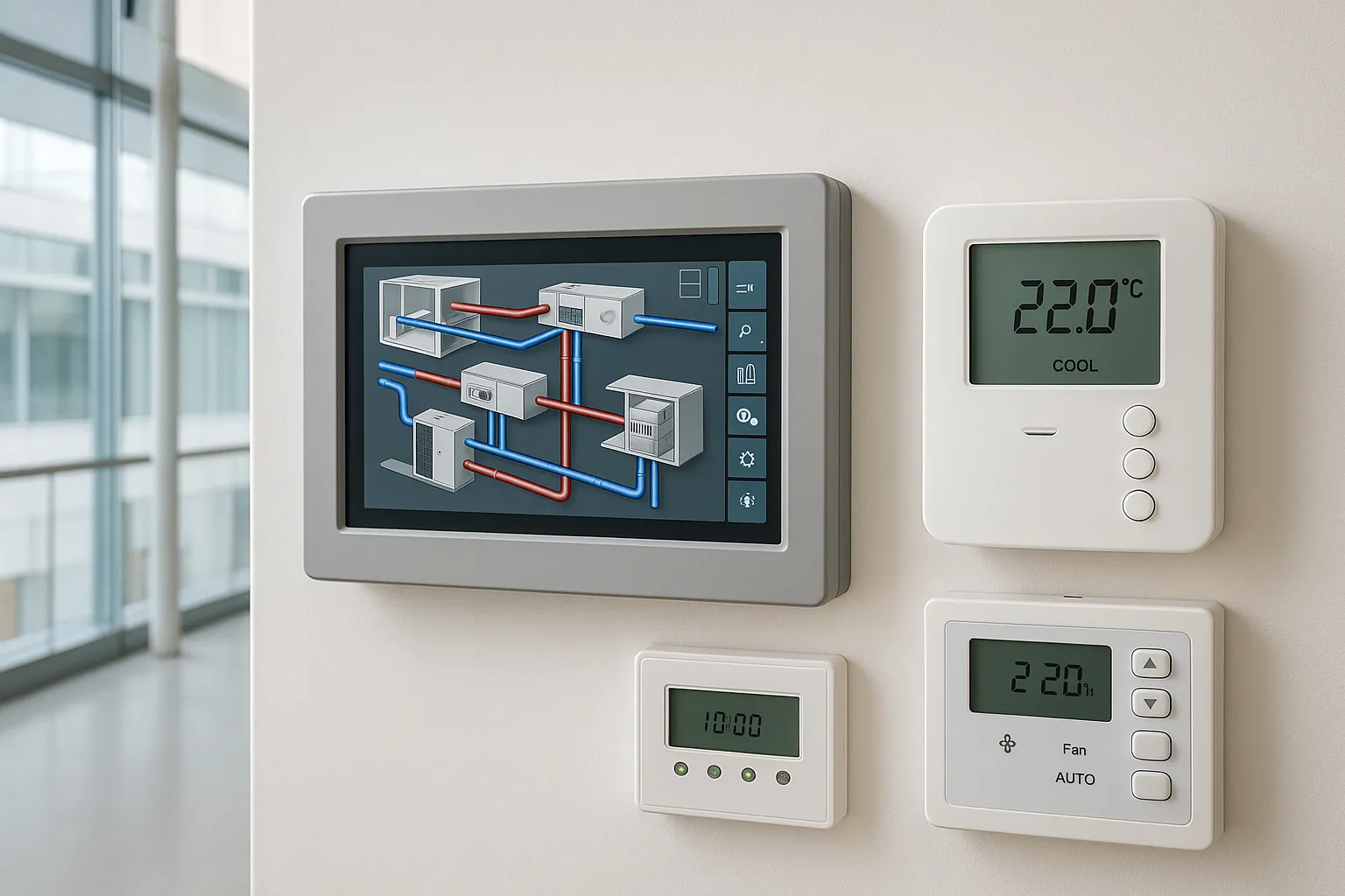 a building automation system control panel and smart HVAC controls in a modern commercial building — commercial HVAC