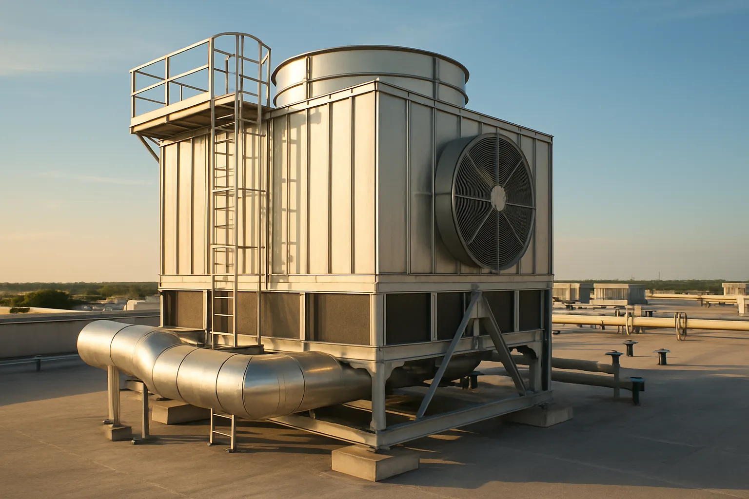 a large rooftop cooling tower at a commercial facility, late afternoon light — commercial HVAC