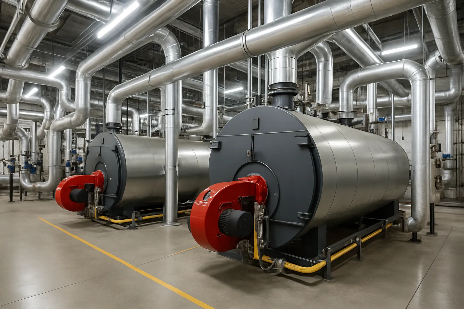 a commercial boiler room with industrial gas boilers and insulated piping — commercial HVAC