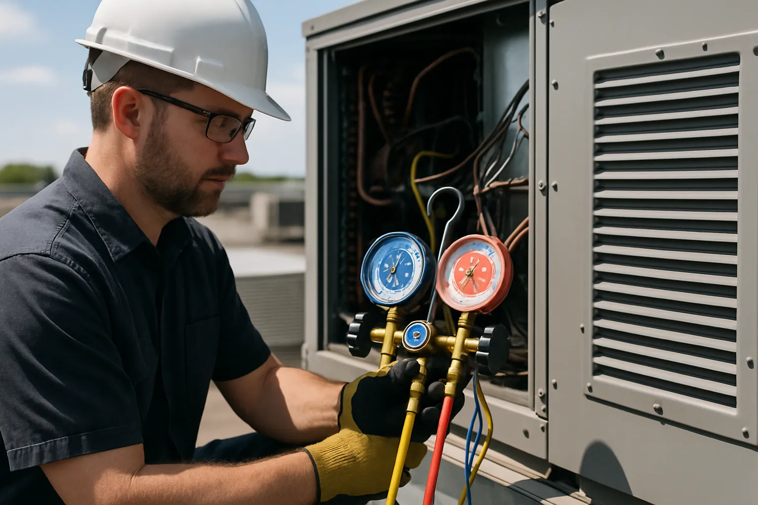 a technician using refrigerant gauges to service a commercial rooftop unit — commercial HVAC