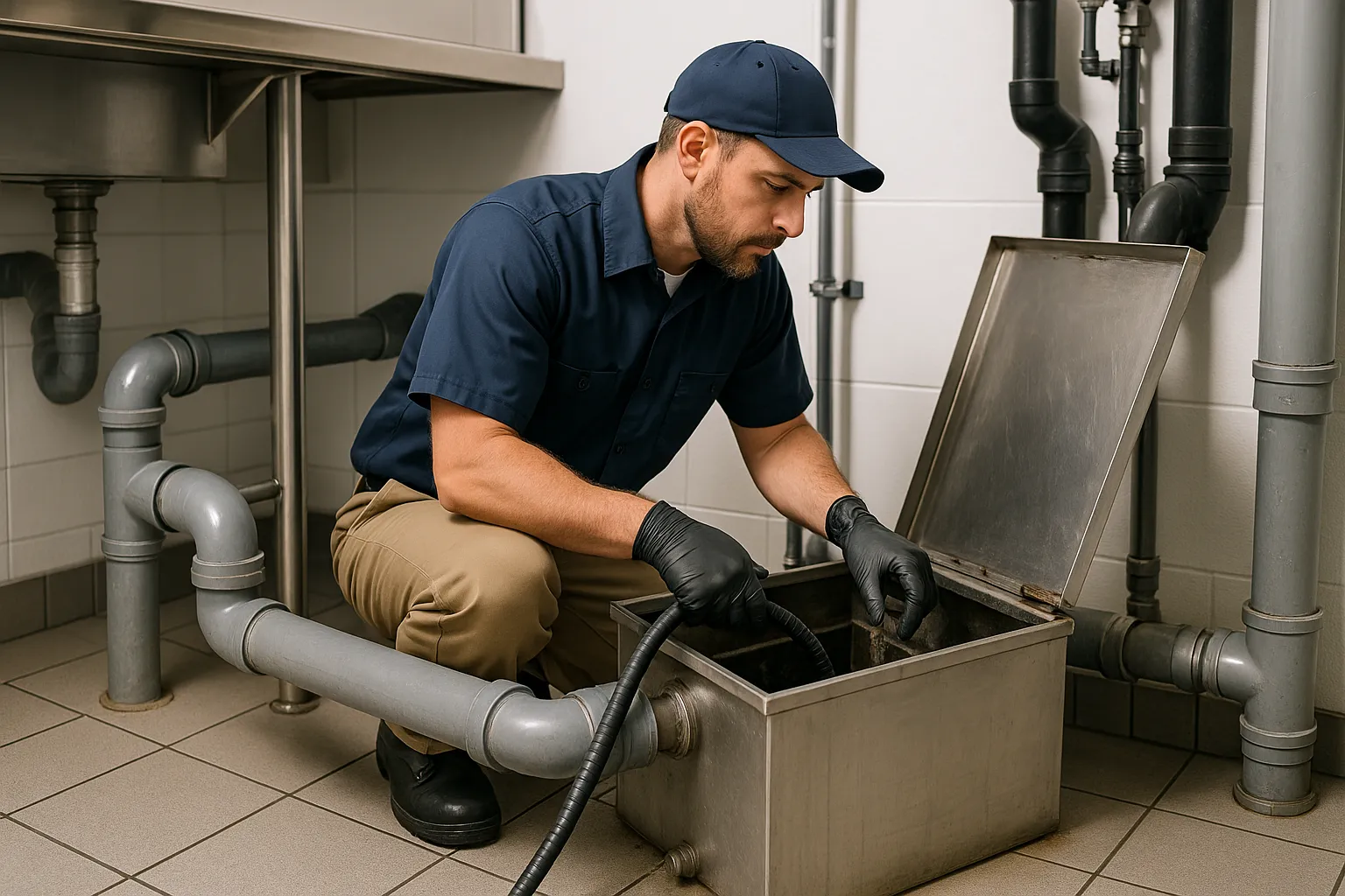 a uniformed technician servicing a commercial kitchen grease interceptor — commercial plumbing