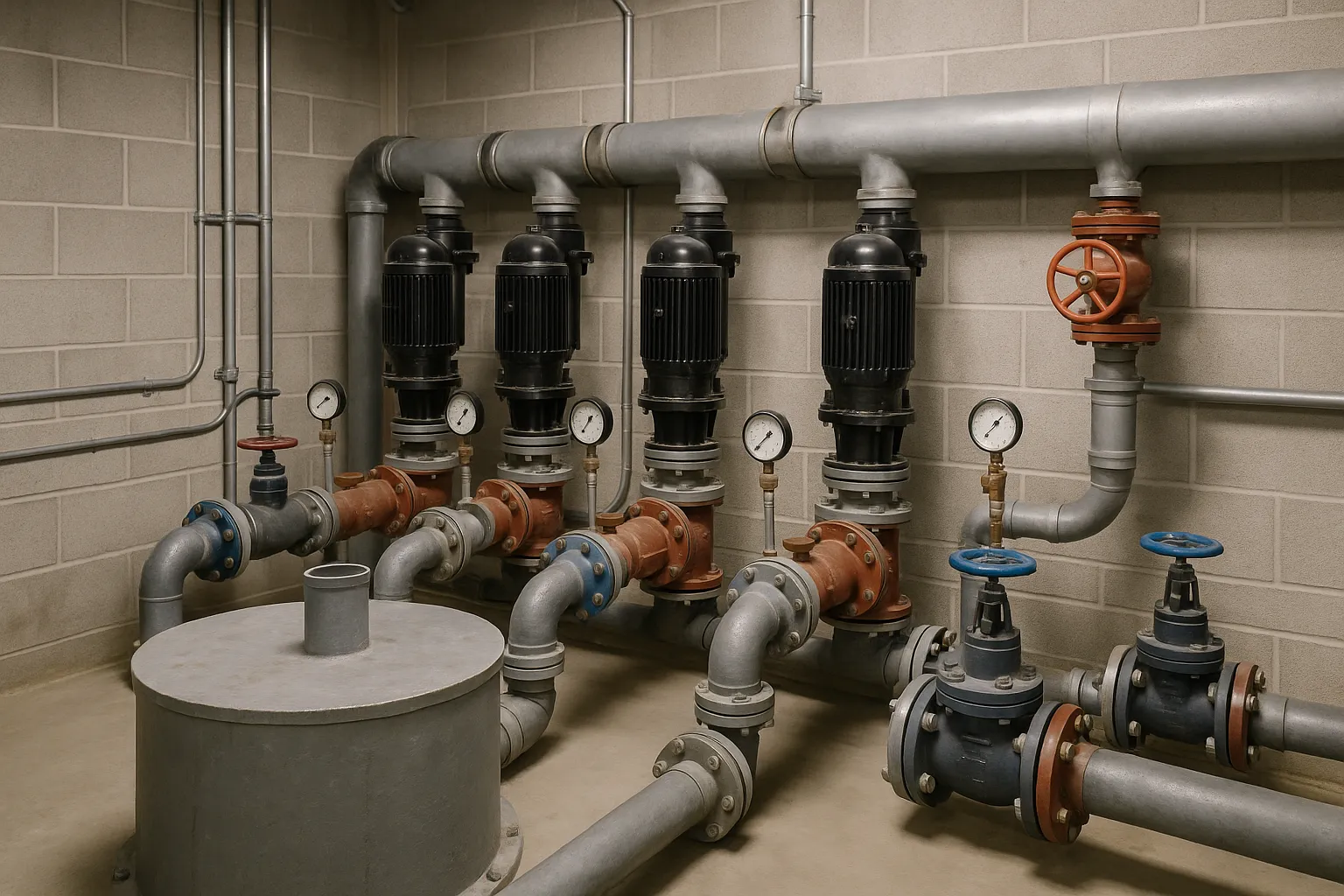 an industrial sewage lift station with pumps, valves, and pressure gauges in a utility room — commercial plumbing
