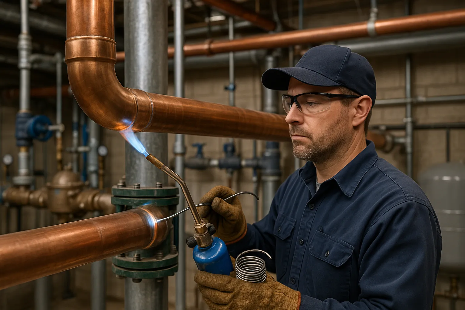 a plumber soldering large-diameter copper pipe on a commercial water riser — commercial plumbing
