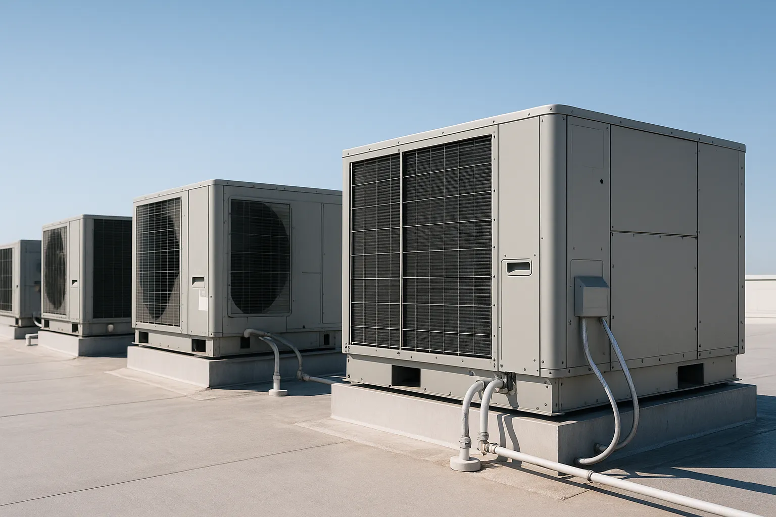 a row of rooftop packaged HVAC units (RTUs) on a flat commercial building roof under a clear sky — commercial HVAC