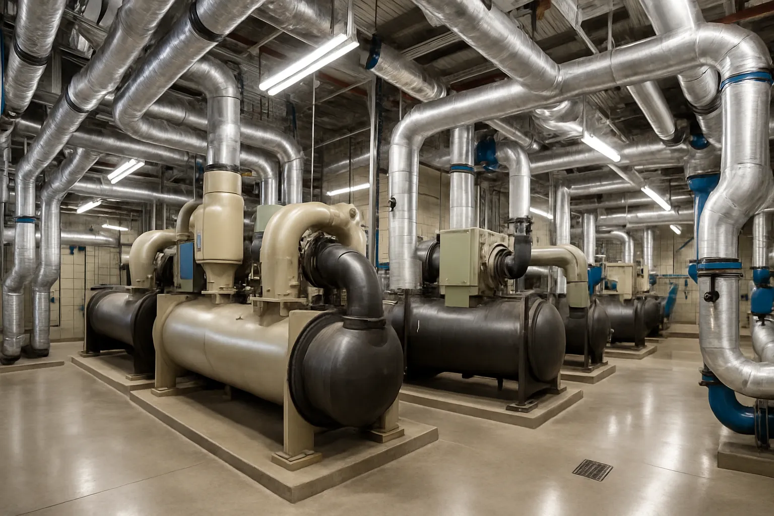 the interior of a commercial mechanical room with large water-cooled chillers and insulated piping — commercial HVAC