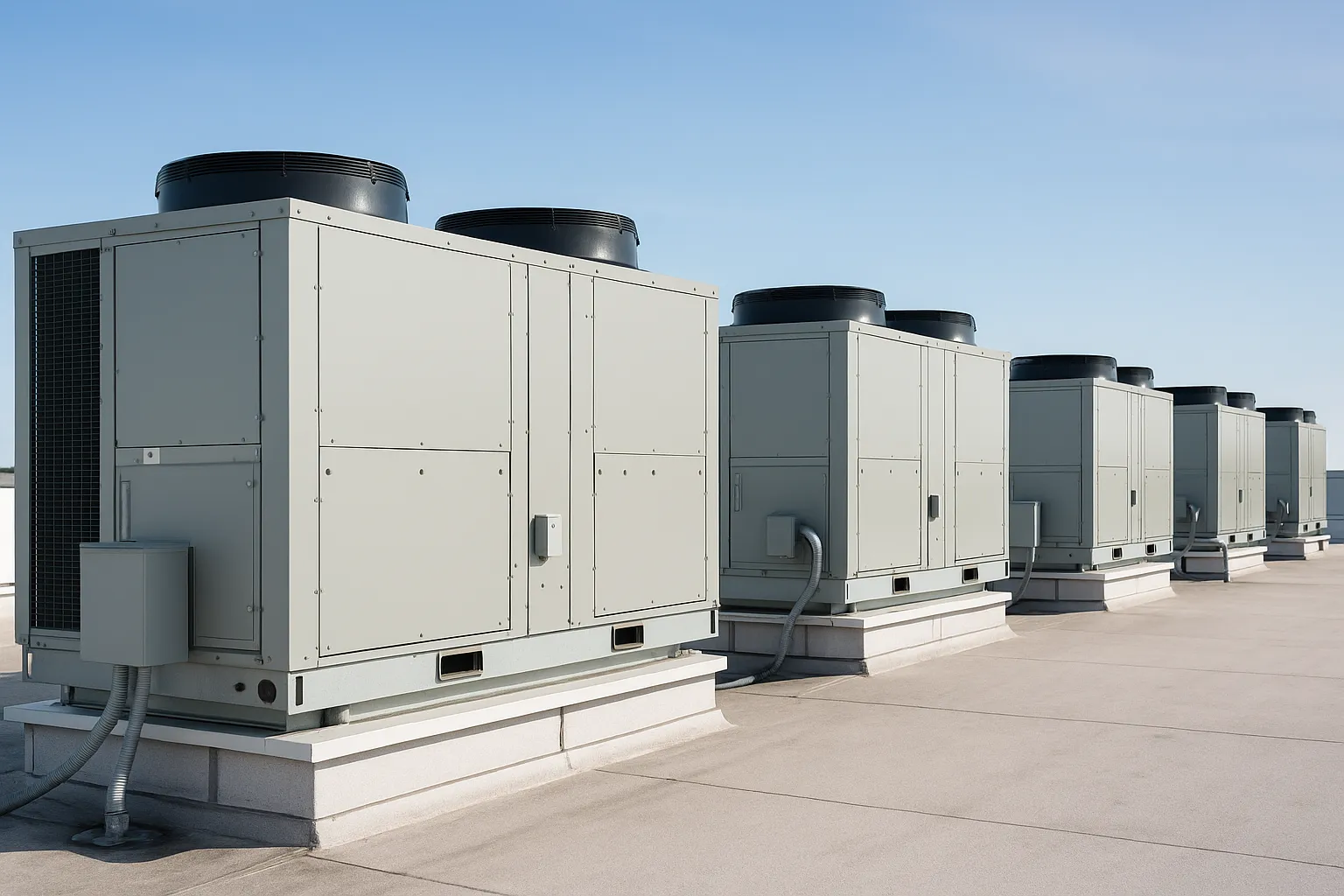 a row of rooftop packaged HVAC units (RTUs) on a flat commercial building roof under a clear sky — commercial HVAC
