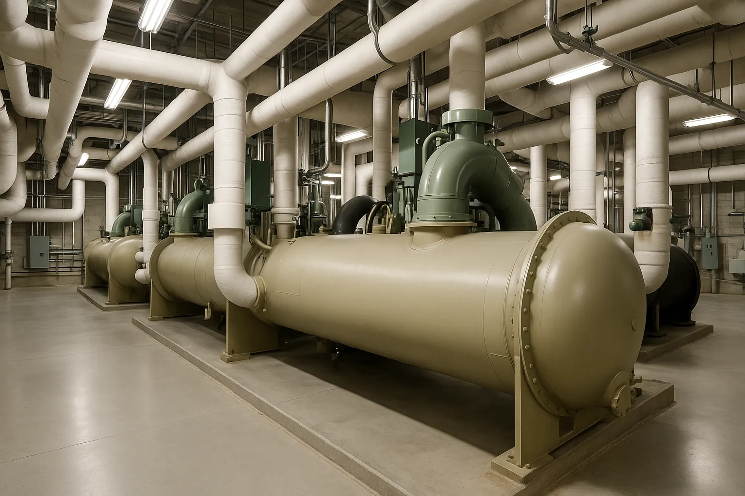 the interior of a commercial mechanical room with large water-cooled chillers and insulated piping — commercial HVAC