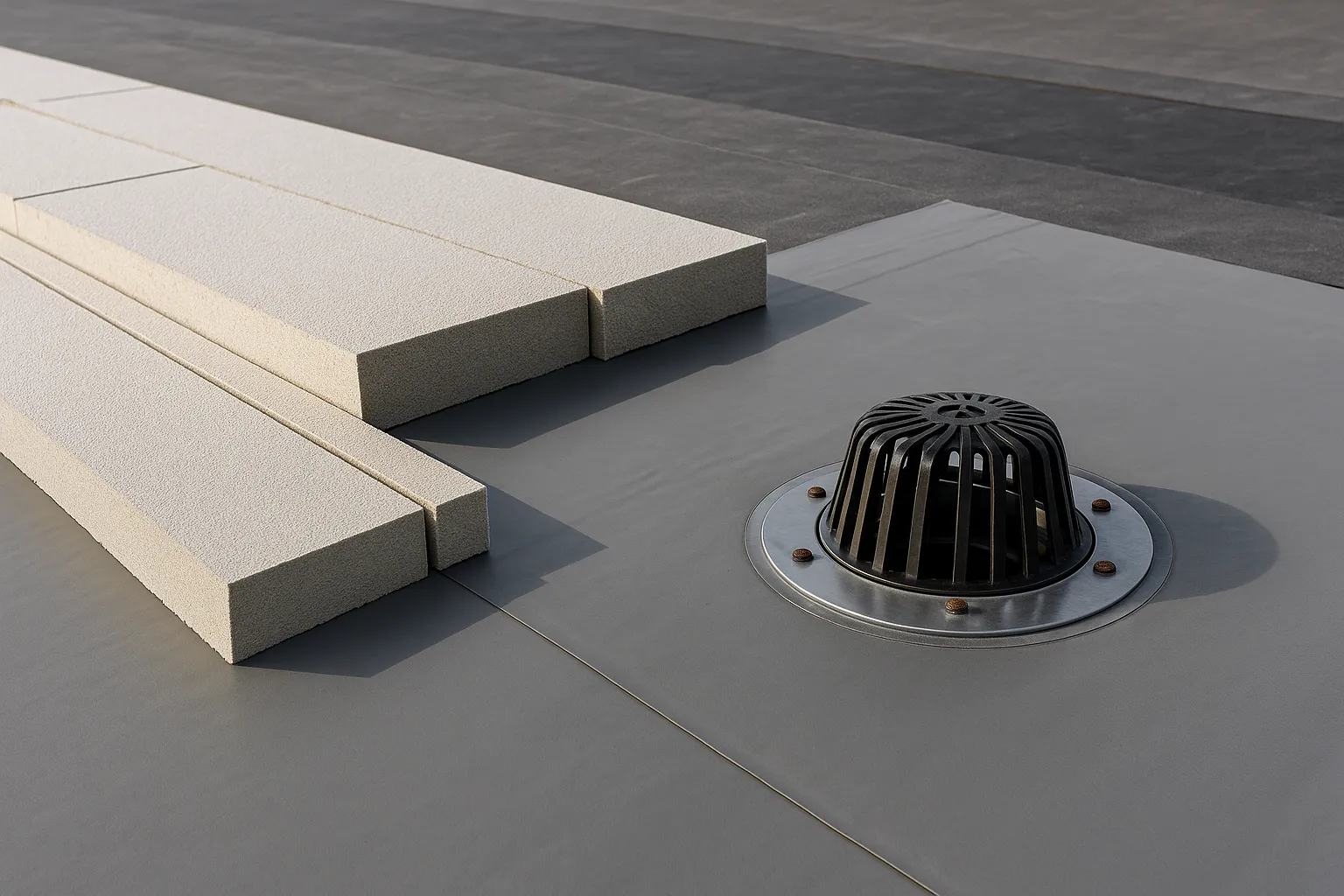 tapered insulation boards and a roof drain being installed on a flat commercial roof deck — commercial roofing