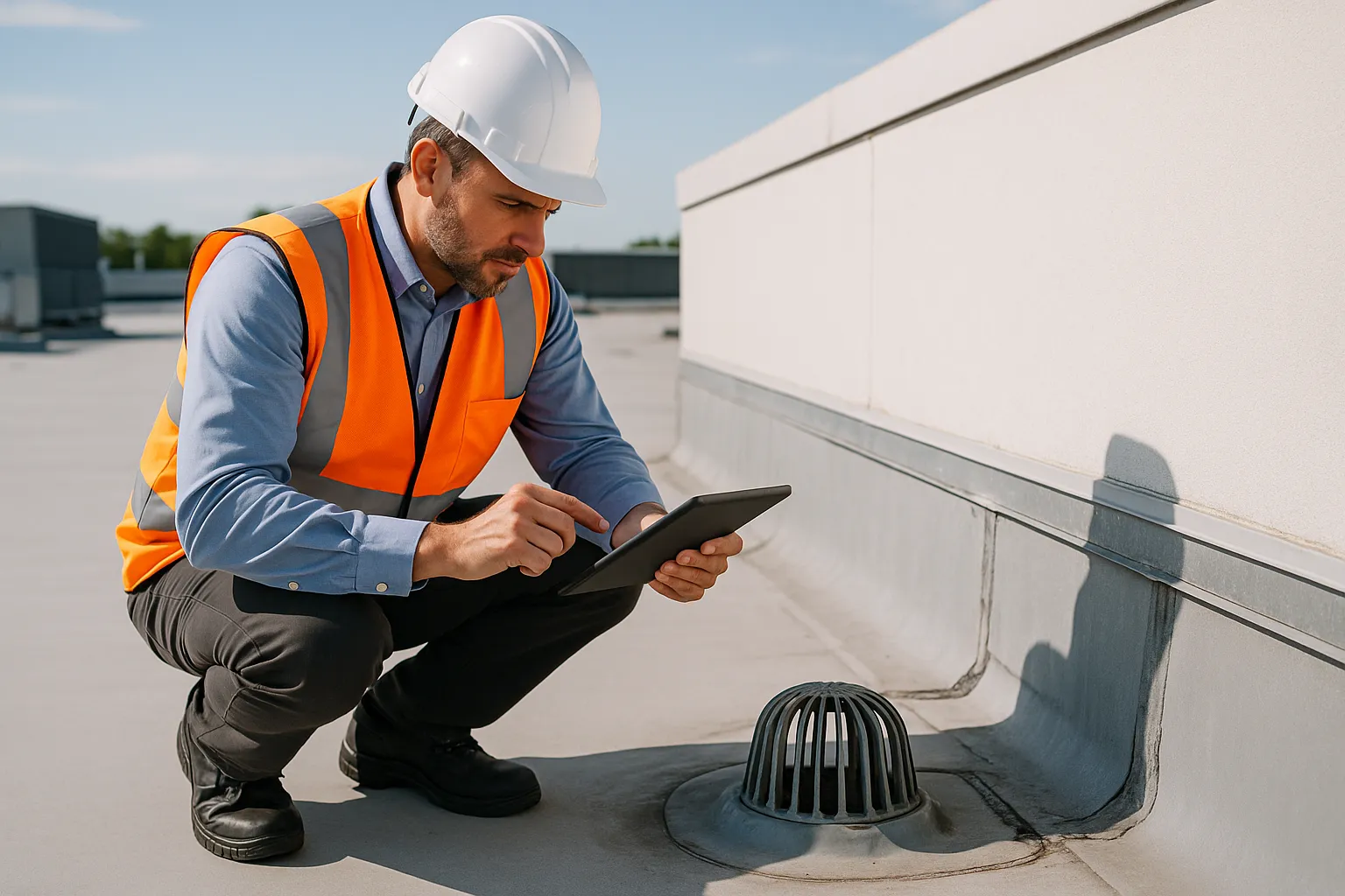 a commercial roof inspector documenting flashing and seam condition with a tablet on a rooftop — commercial roofing