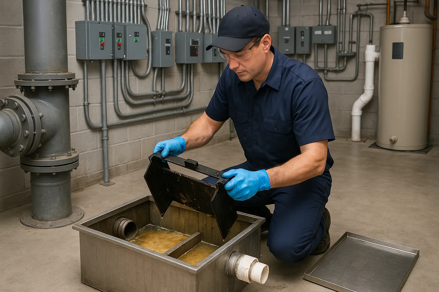 a uniformed technician servicing a commercial kitchen grease interceptor — commercial plumbing