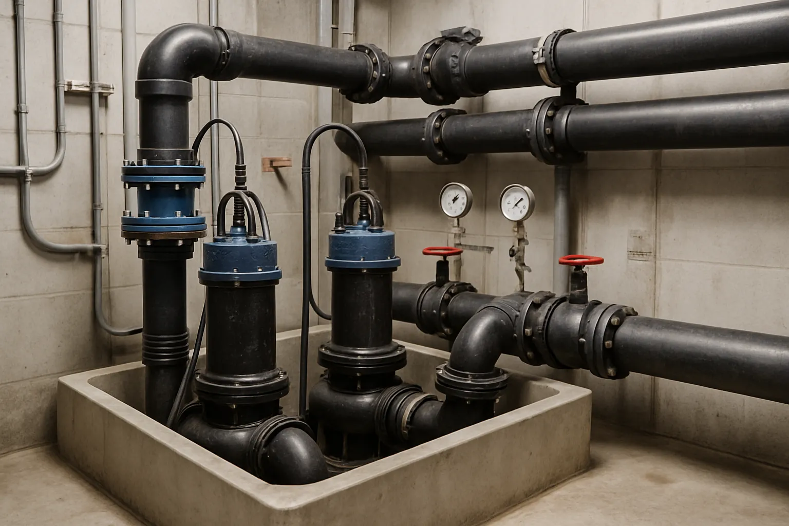 an industrial sewage lift station with pumps, valves, and pressure gauges in a utility room — commercial plumbing